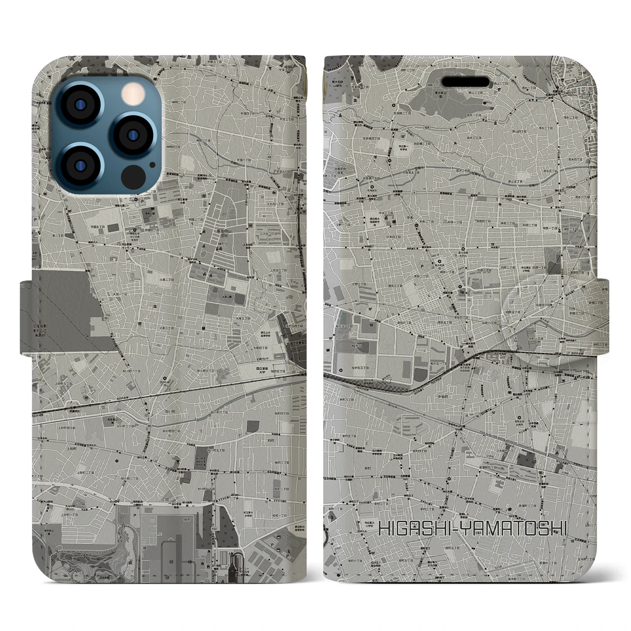 【東大和市(東京都)】地図柄iPhoneケース(手帳タイプ)モノトーン・iPhone 12 / 12 Pro 用