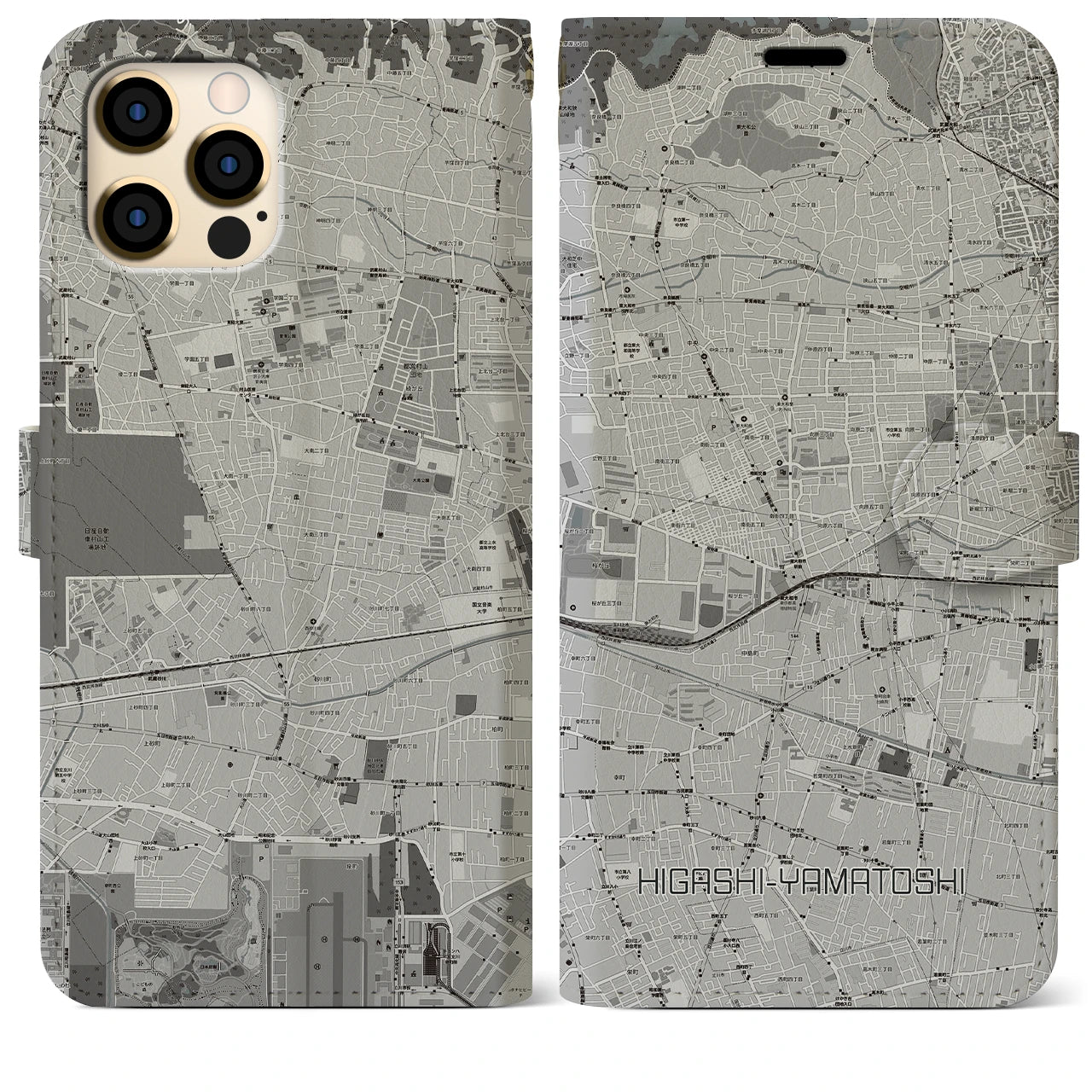 【東大和市(東京都)】地図柄iPhoneケース(手帳タイプ)モノトーン・iPhone 12 Pro Max 用