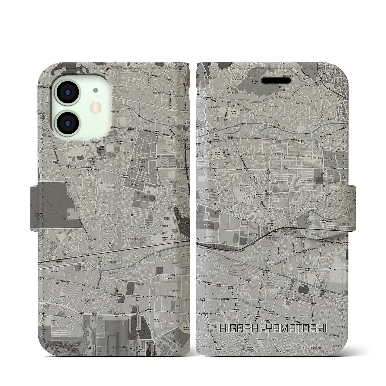【東大和市(東京都)】地図柄iPhoneケース(手帳タイプ)モノトーン・iPhone 12 mini 用
