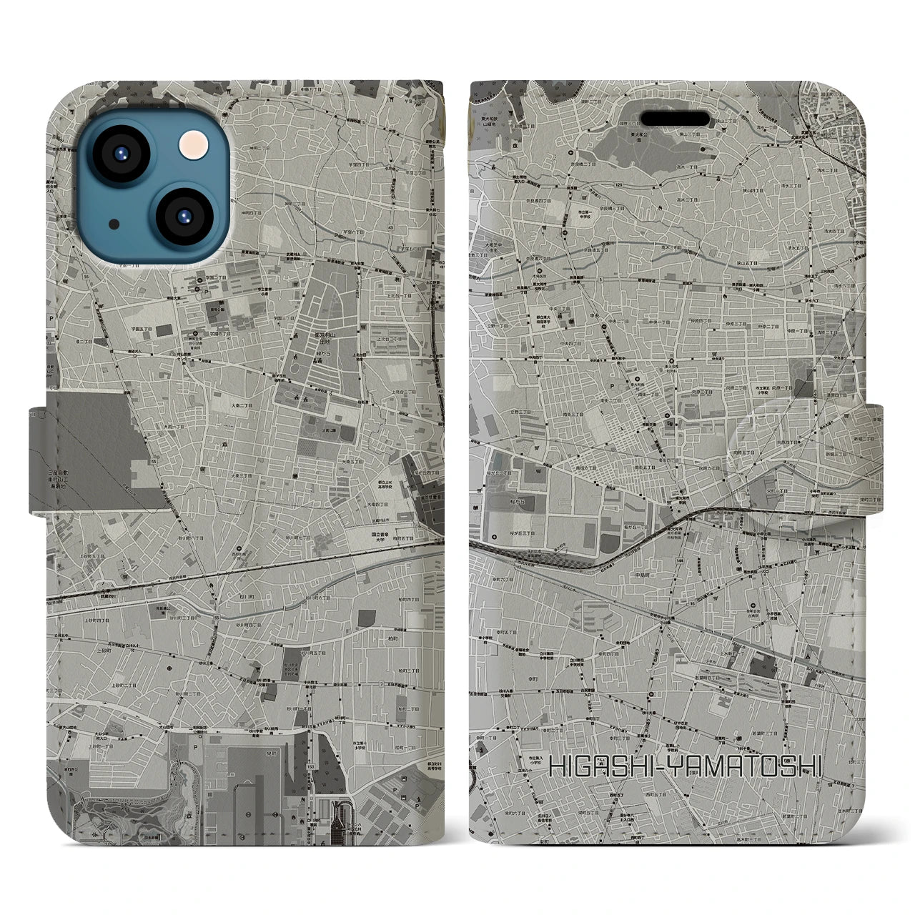 【東大和市(東京都)】地図柄iPhoneケース(手帳タイプ)モノトーン・iPhone 13 用