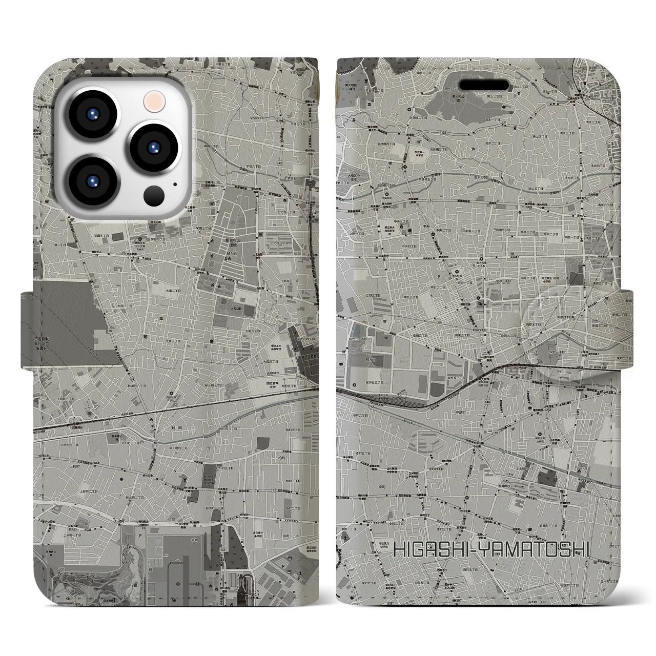 【東大和市(東京都)】地図柄iPhoneケース(手帳タイプ)モノトーン・iPhone 13 Pro 用