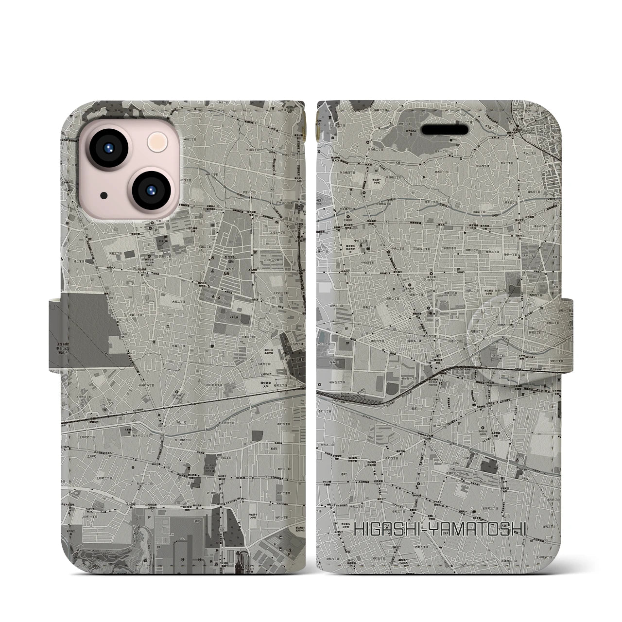 【東大和市(東京都)】地図柄iPhoneケース(手帳タイプ)モノトーン・iPhone 13 mini 用