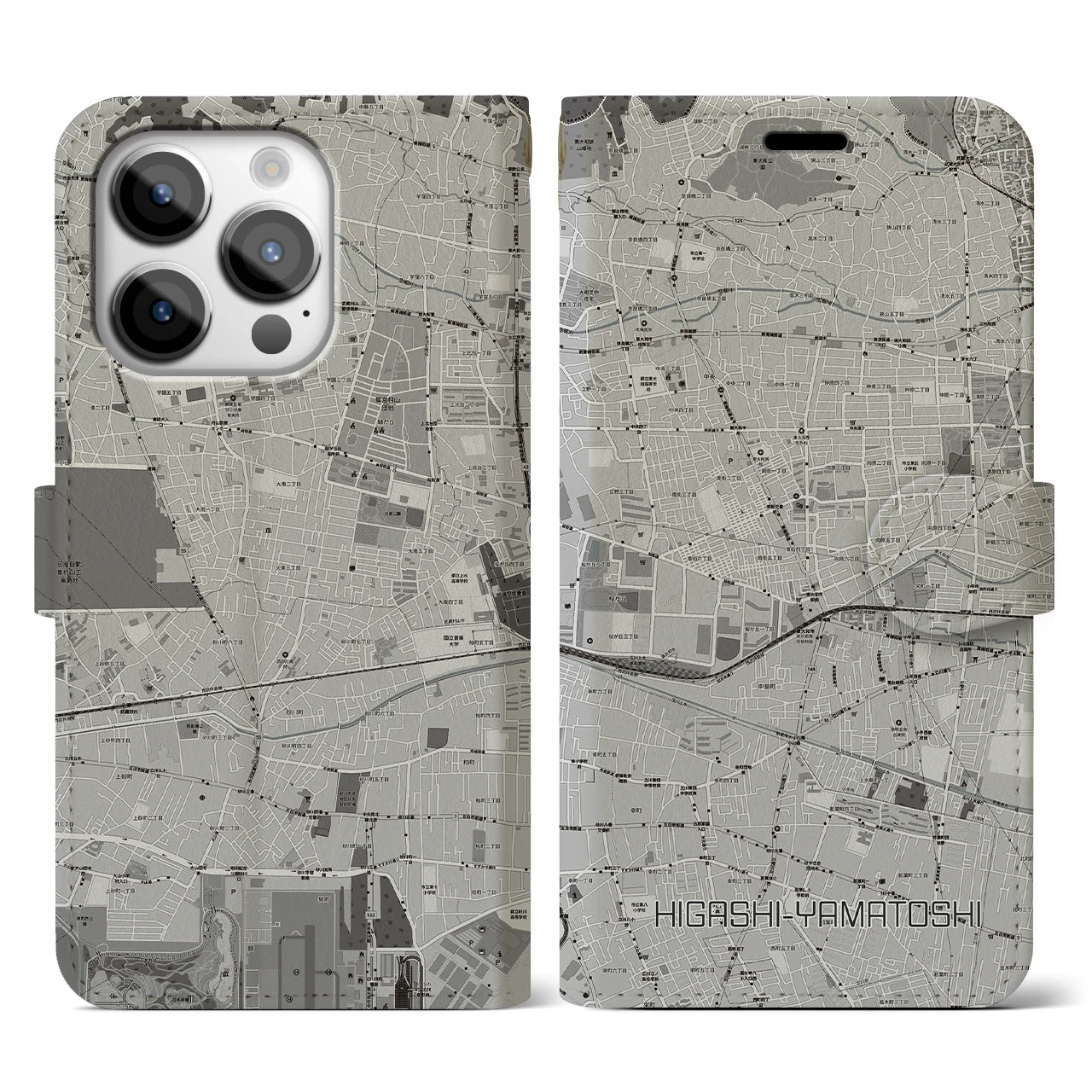 【東大和市(東京都)】地図柄iPhoneケース(手帳タイプ)モノトーン・iPhone 14 Pro 用