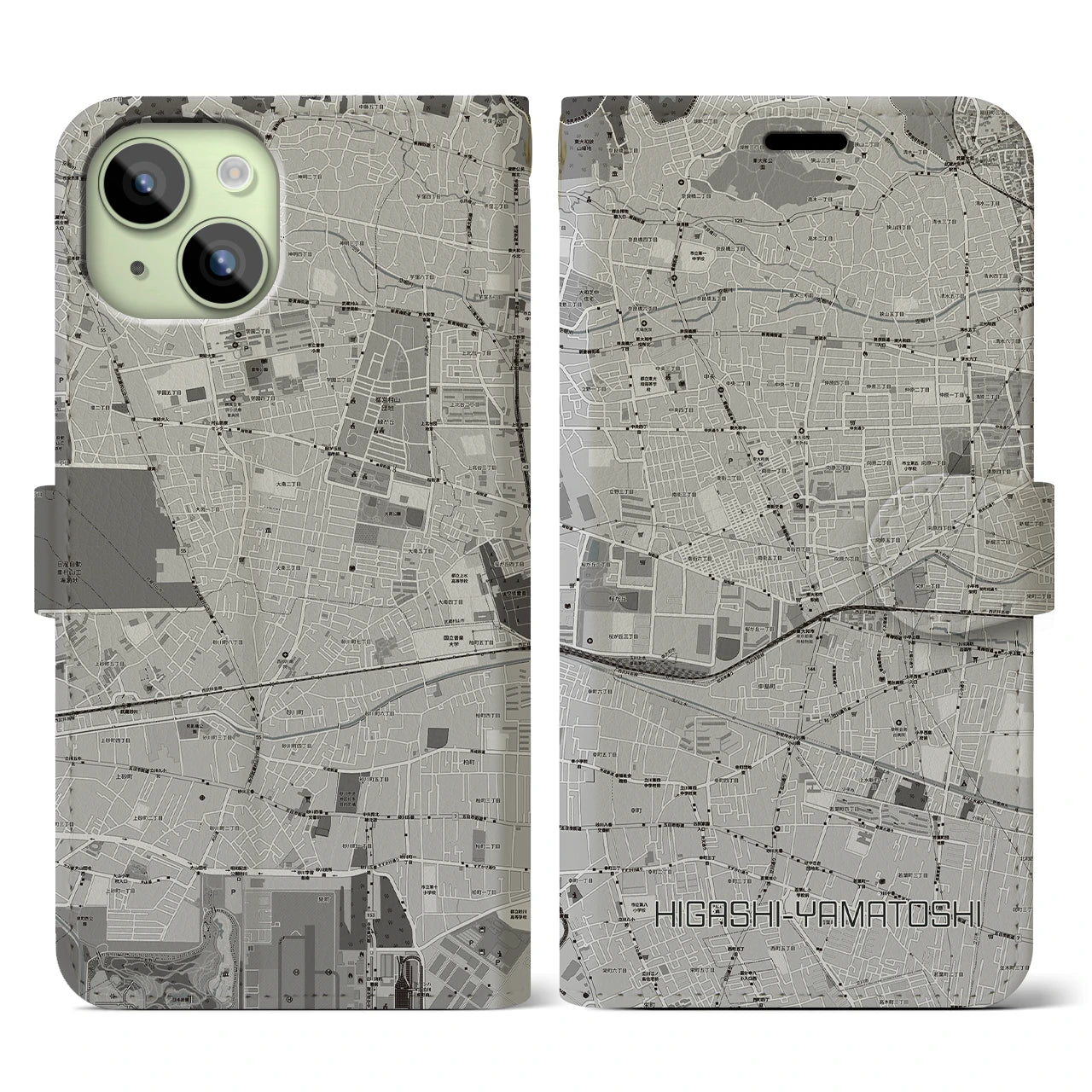 【東大和市(東京都)】地図柄iPhoneケース(手帳タイプ)モノトーン・iPhone 15 用