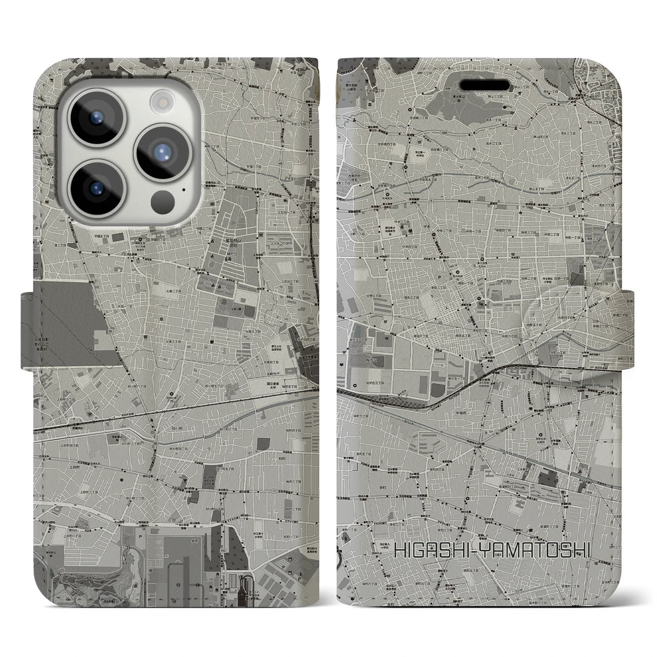 【東大和市(東京都)】地図柄iPhoneケース(手帳タイプ)モノトーン・iPhone 15 Pro 用