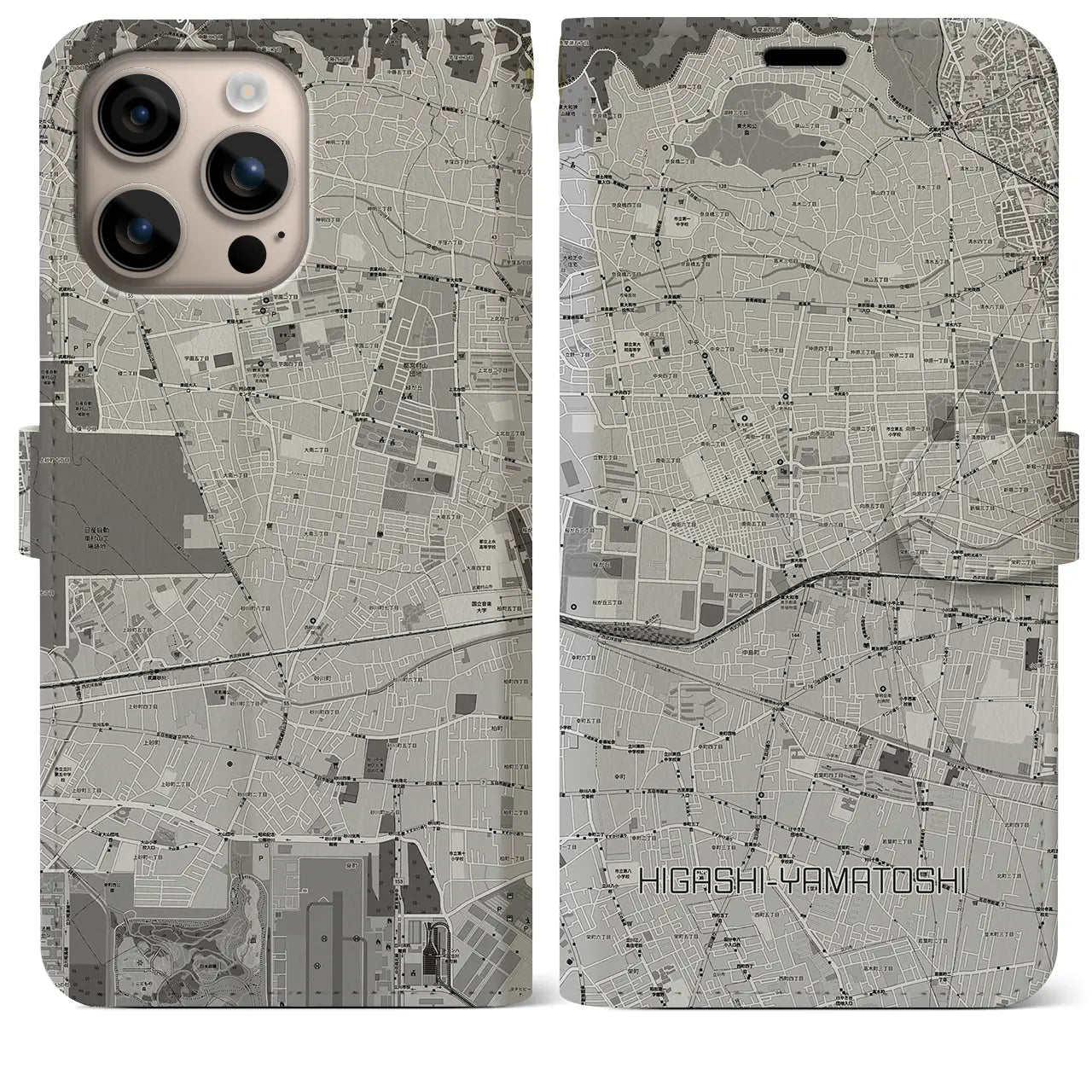 【東大和市(東京都)】地図柄iPhoneケース(手帳タイプ)モノトーン・iPhone 16 Plus 用