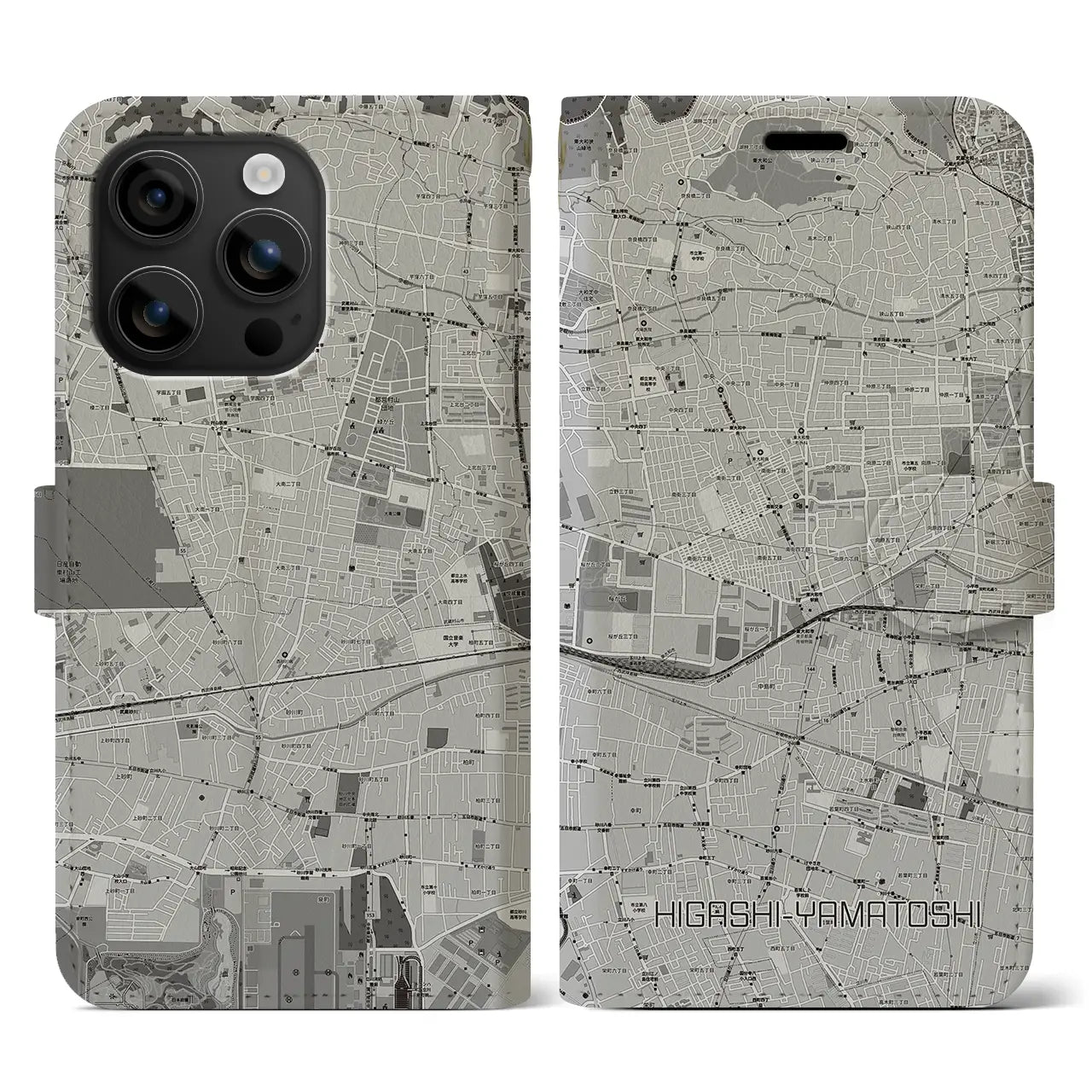 【東大和市(東京都)】地図柄iPhoneケース(手帳タイプ)モノトーン・iPhone 16 用