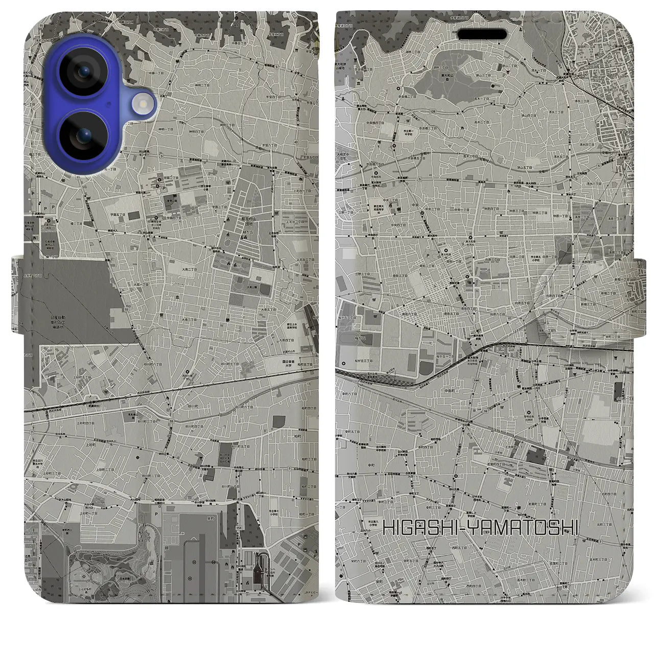 【東大和市(東京都)】地図柄iPhoneケース(手帳タイプ)モノトーン・iPhone 16 Pro Max 用