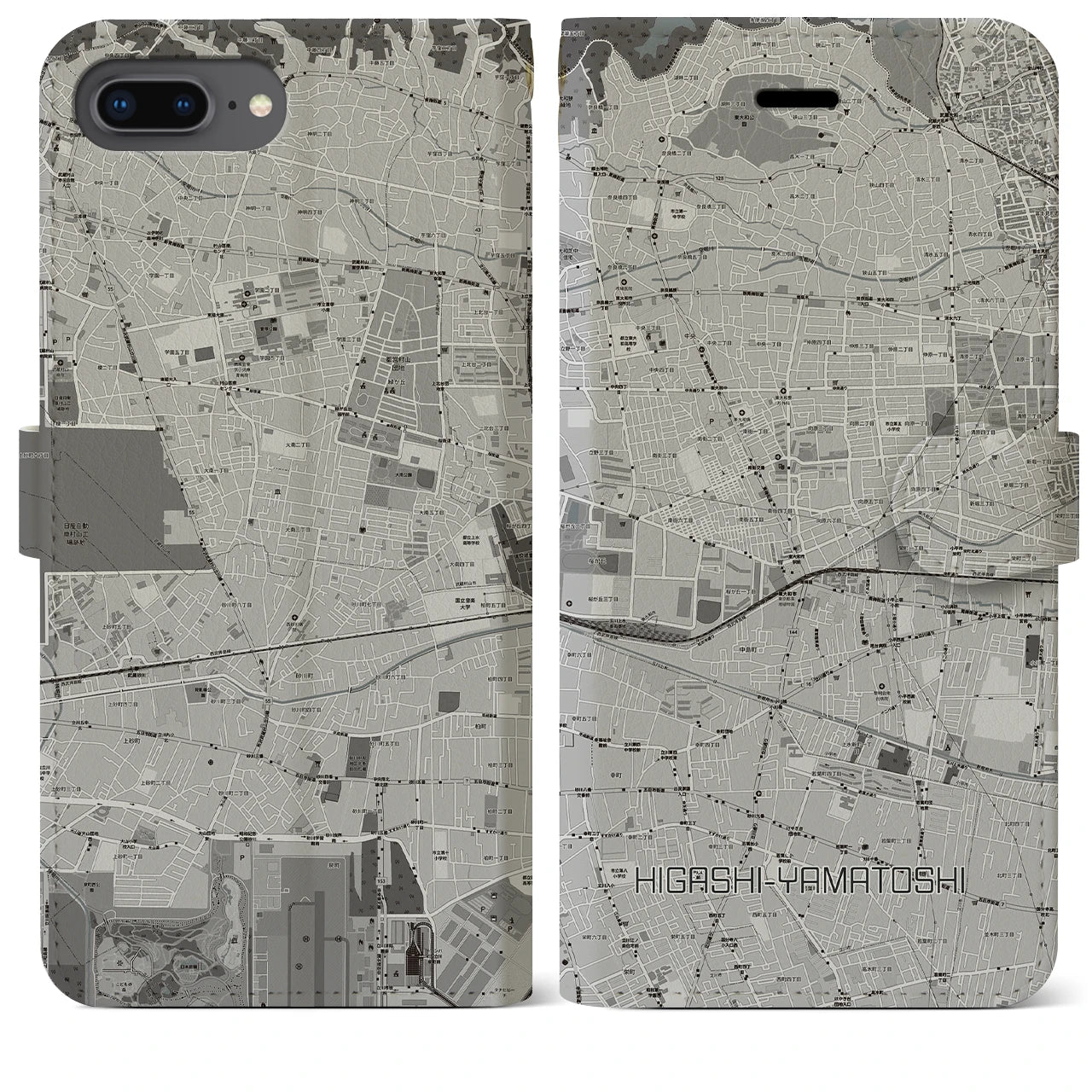 【東大和市(東京都)】地図柄iPhoneケース(手帳タイプ)モノトーン・iPhone 8Plus /7Plus / 6sPlus / 6Plus 用