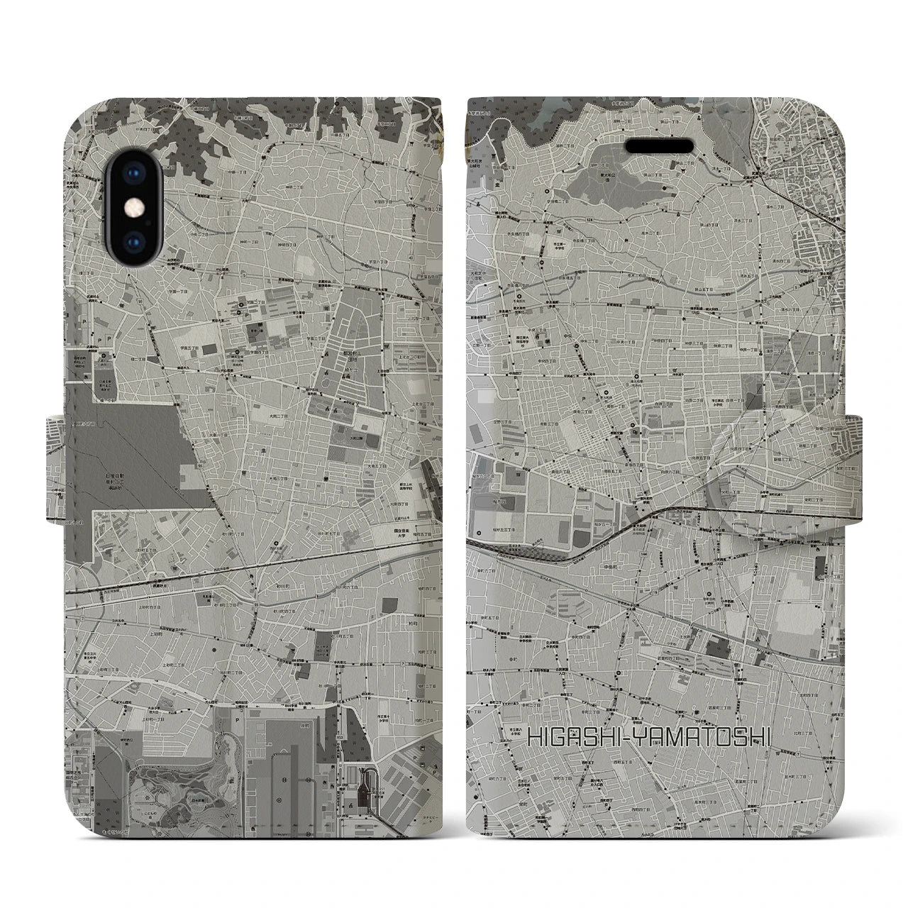 【東大和市(東京都)】地図柄iPhoneケース(手帳タイプ)モノトーン・iPhone XS / X 用