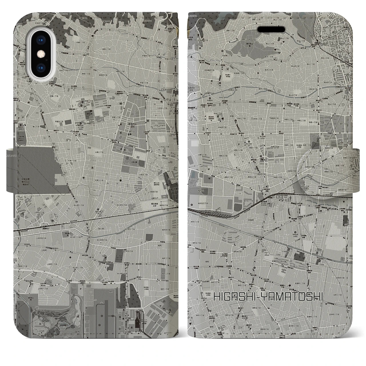 【東大和市(東京都)】地図柄iPhoneケース(手帳タイプ)モノトーン・iPhone XS Max 用