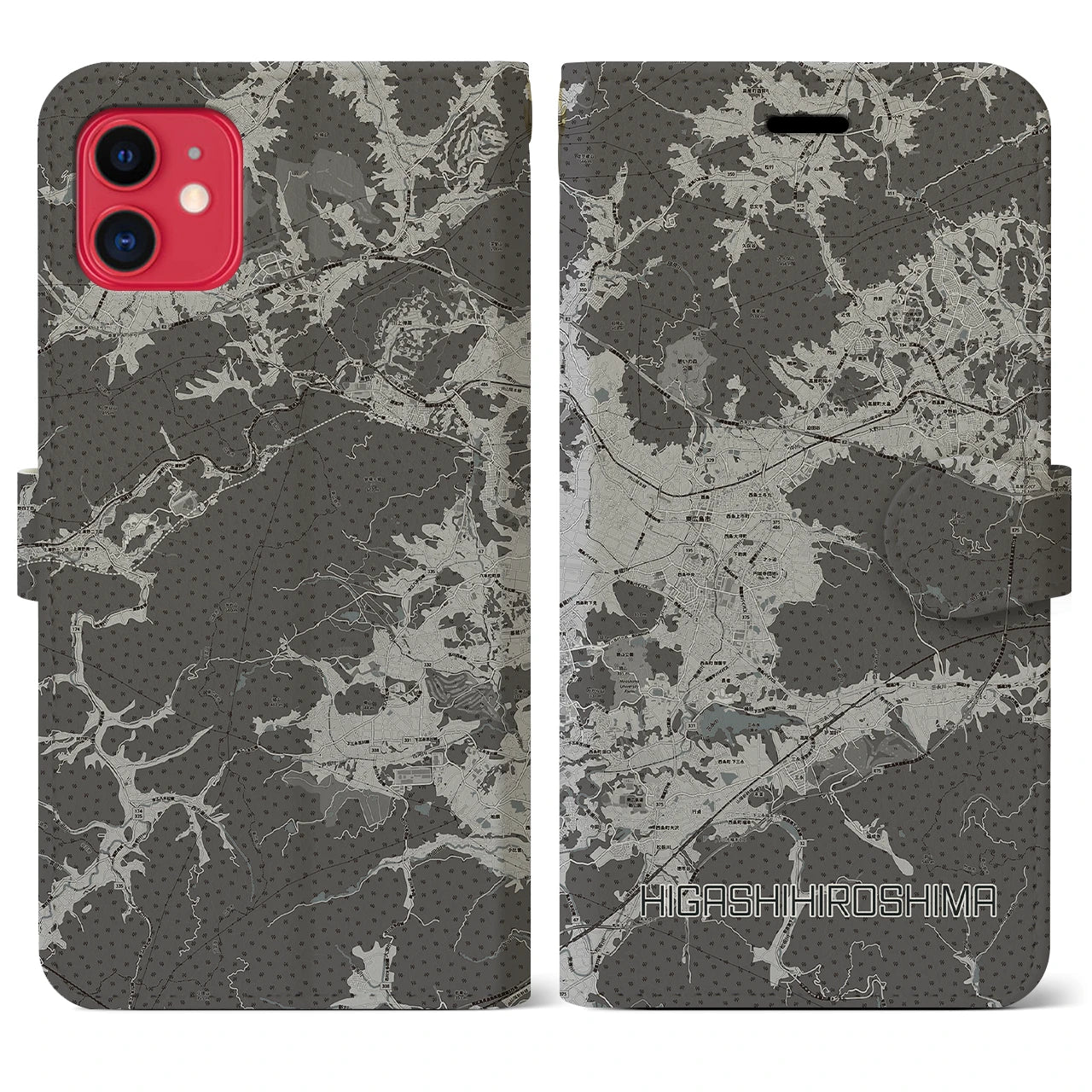 【東広島(広島県)】地図柄iPhoneケース(手帳タイプ)モノトーン・iPhone 11 用