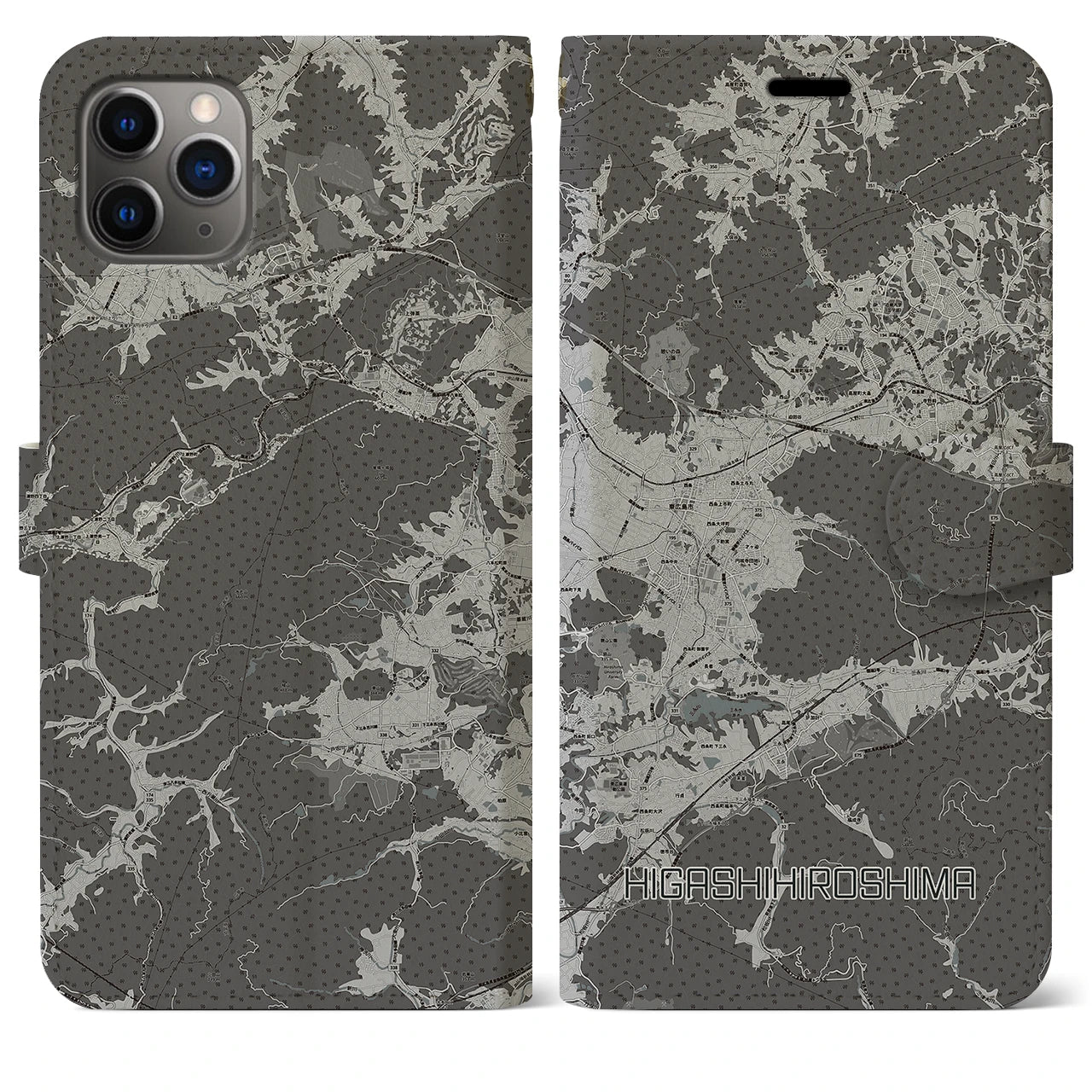 【東広島(広島県)】地図柄iPhoneケース(手帳タイプ)モノトーン・iPhone 11 Pro Max 用