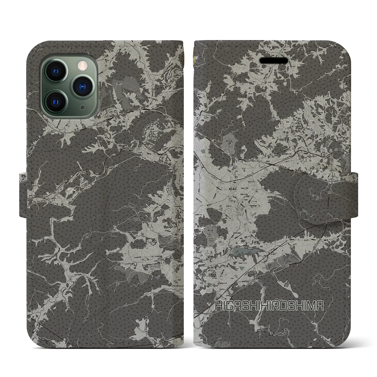 【東広島(広島県)】地図柄iPhoneケース(手帳タイプ)モノトーン・iPhone 11 Pro 用