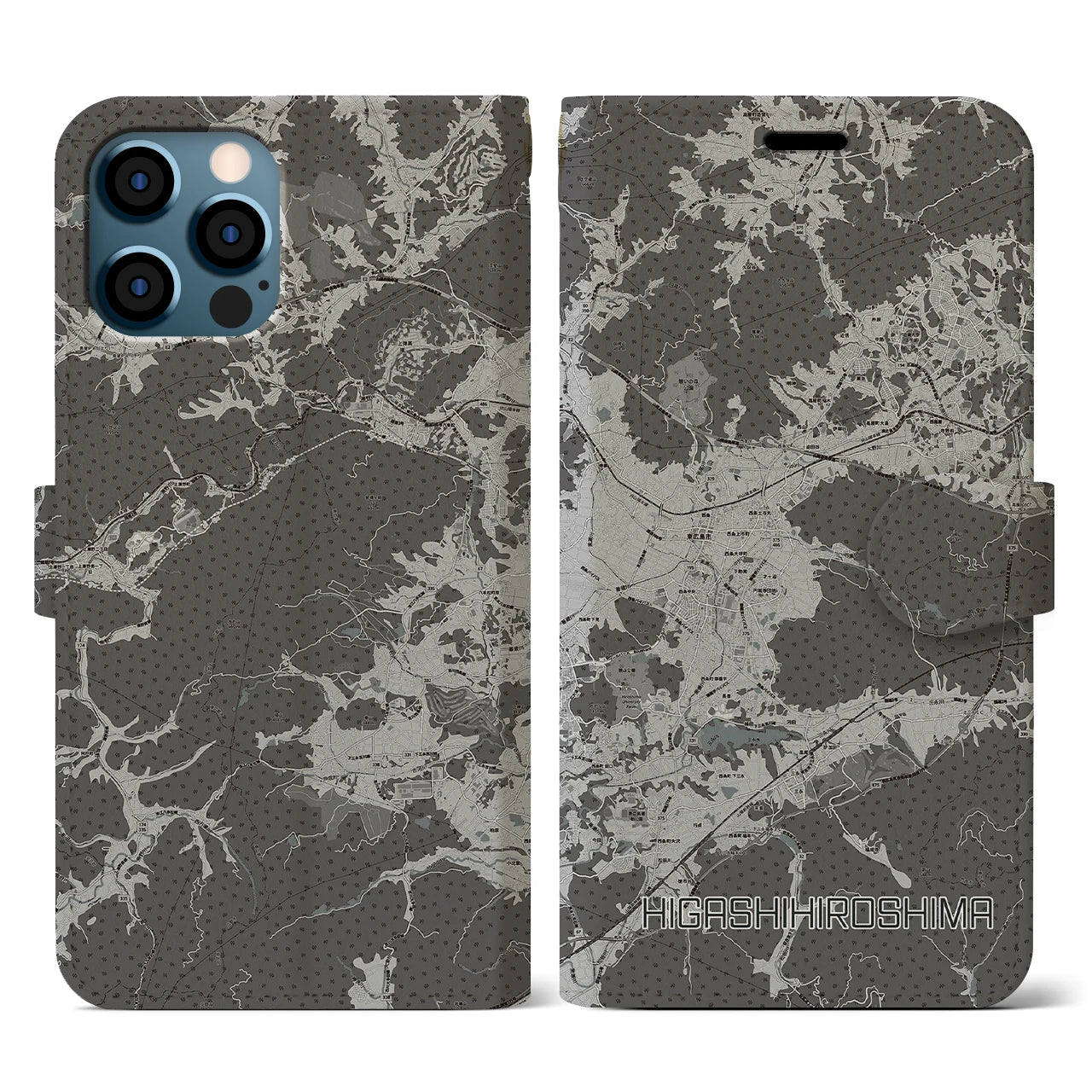 【東広島(広島県)】地図柄iPhoneケース(手帳タイプ)モノトーン・iPhone 12 / 12 Pro 用