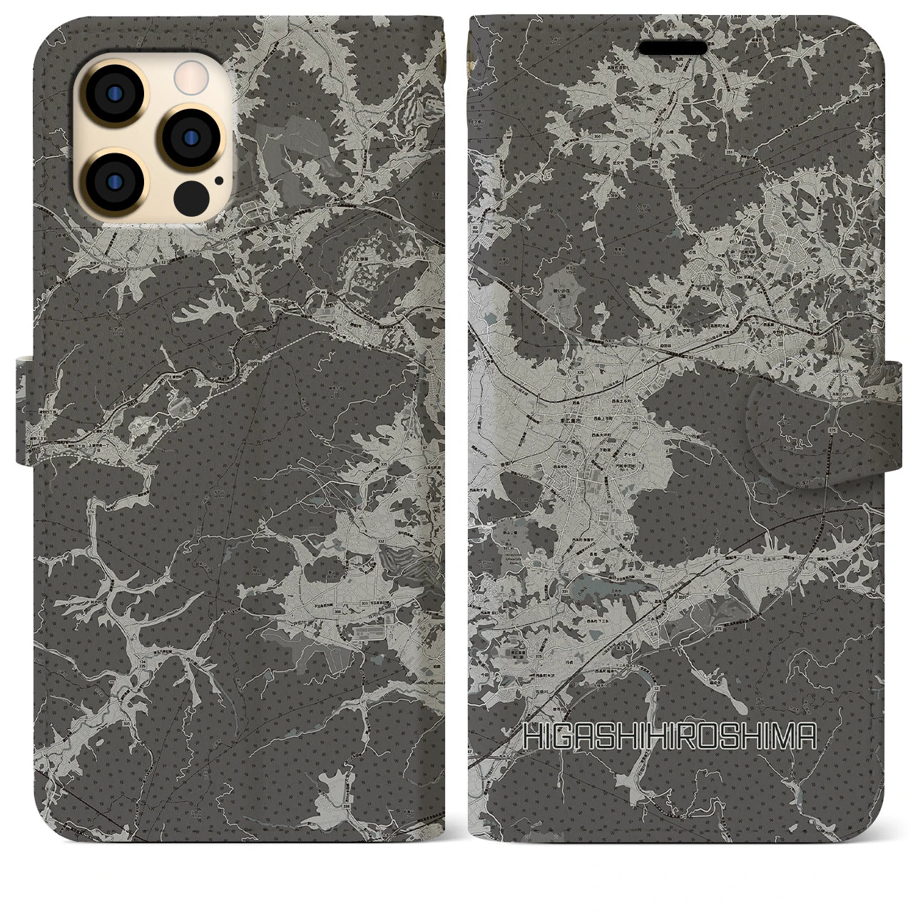 【東広島(広島県)】地図柄iPhoneケース(手帳タイプ)モノトーン・iPhone 12 Pro Max 用