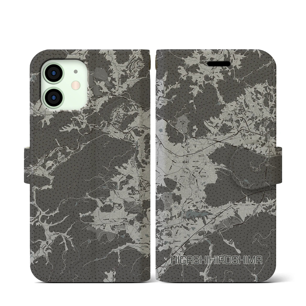 【東広島(広島県)】地図柄iPhoneケース(手帳タイプ)モノトーン・iPhone 12 mini 用