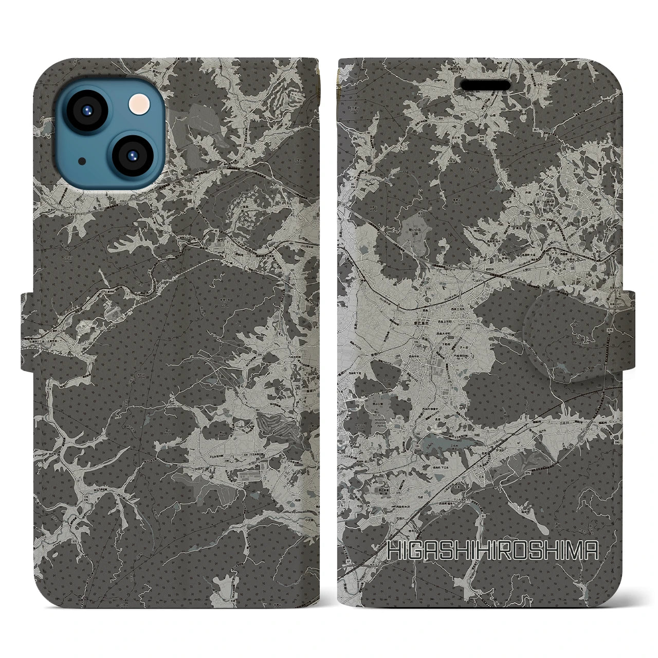 【東広島(広島県)】地図柄iPhoneケース(手帳タイプ)モノトーン・iPhone 13 用