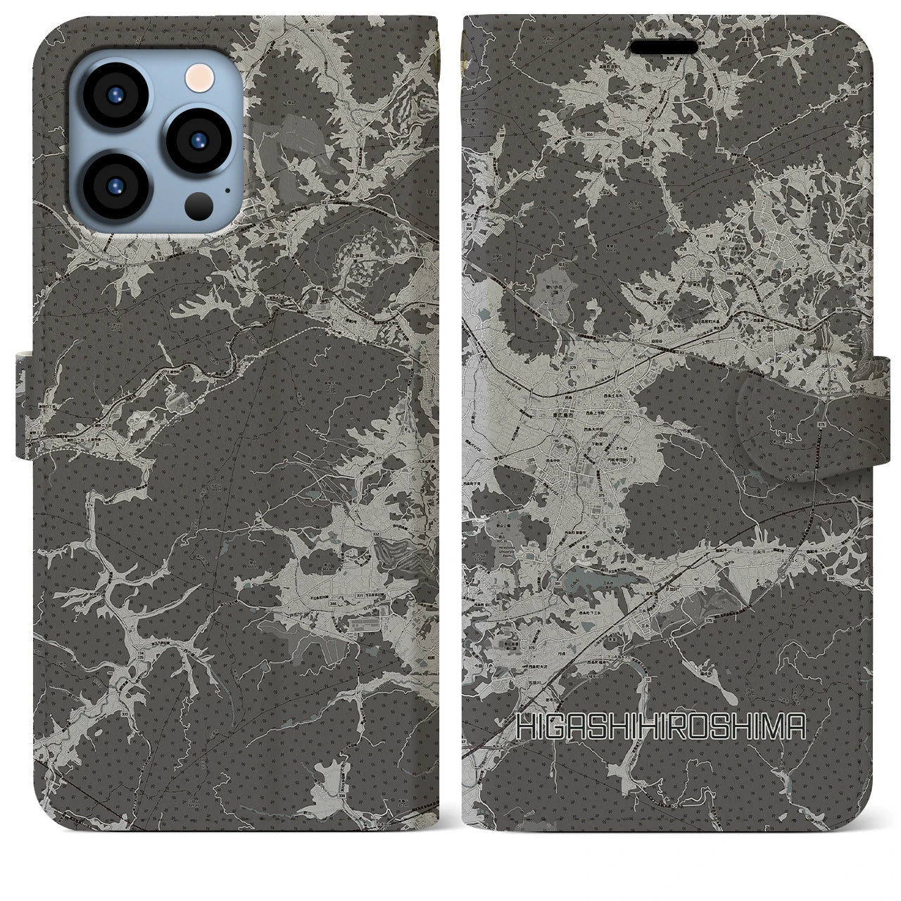 【東広島(広島県)】地図柄iPhoneケース(手帳タイプ)モノトーン・iPhone 13 Pro Max 用