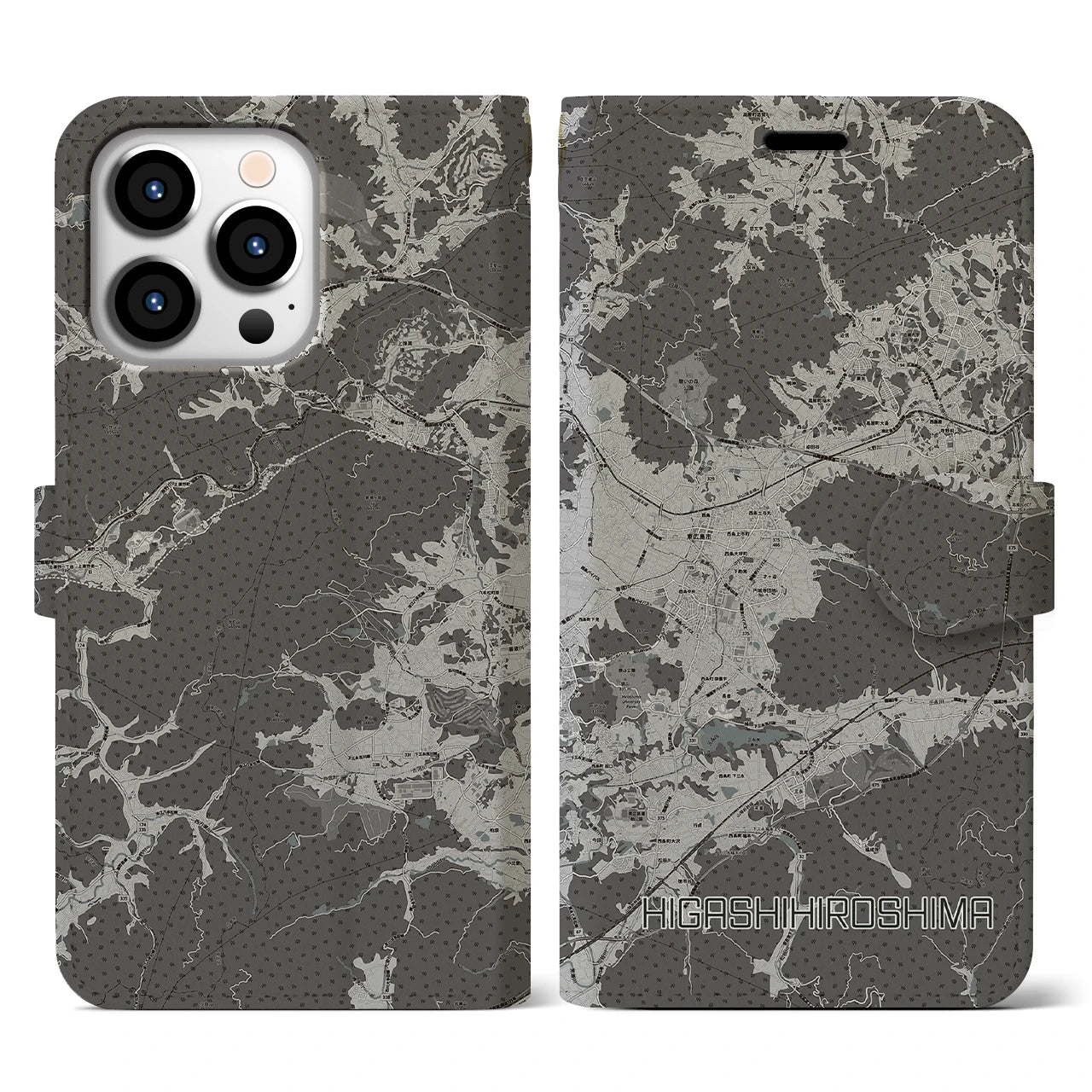 【東広島(広島県)】地図柄iPhoneケース(手帳タイプ)モノトーン・iPhone 13 Pro 用