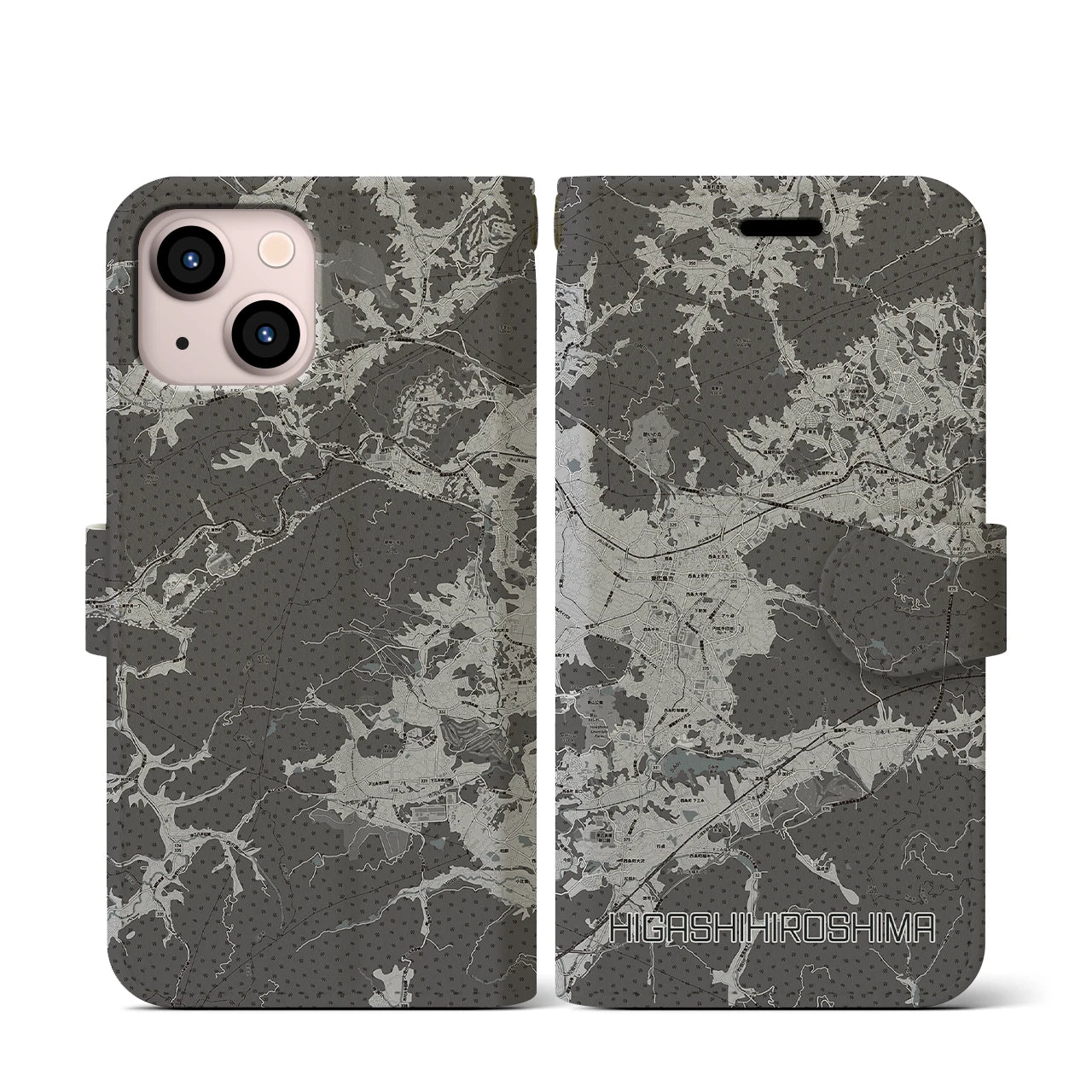 【東広島(広島県)】地図柄iPhoneケース(手帳タイプ)モノトーン・iPhone 13 mini 用