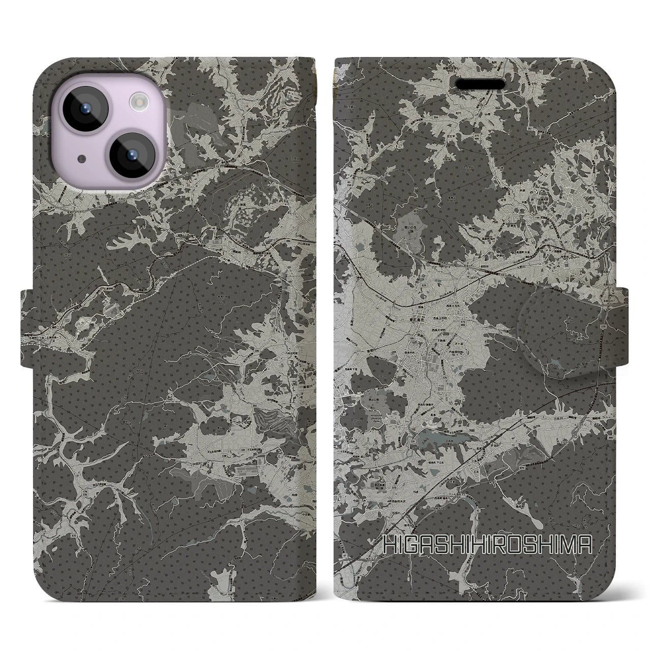 【東広島(広島県)】地図柄iPhoneケース(手帳タイプ)モノトーン・iPhone 14 用
