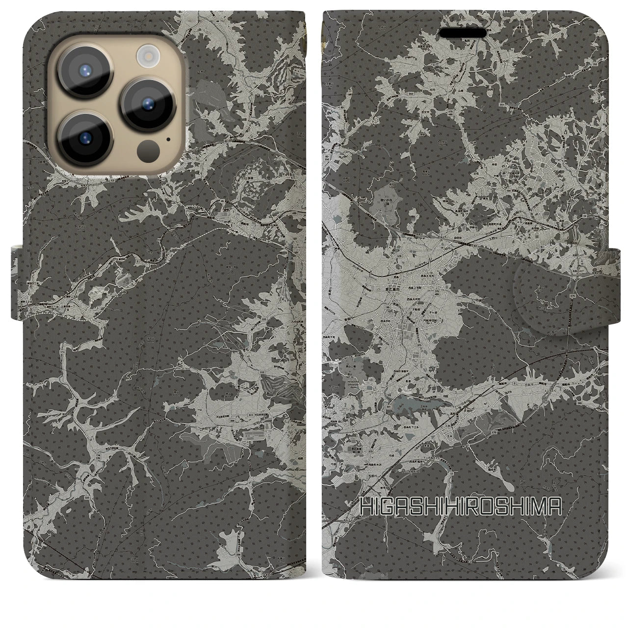 【東広島(広島県)】地図柄iPhoneケース(手帳タイプ)モノトーン・iPhone 14 Pro Max 用