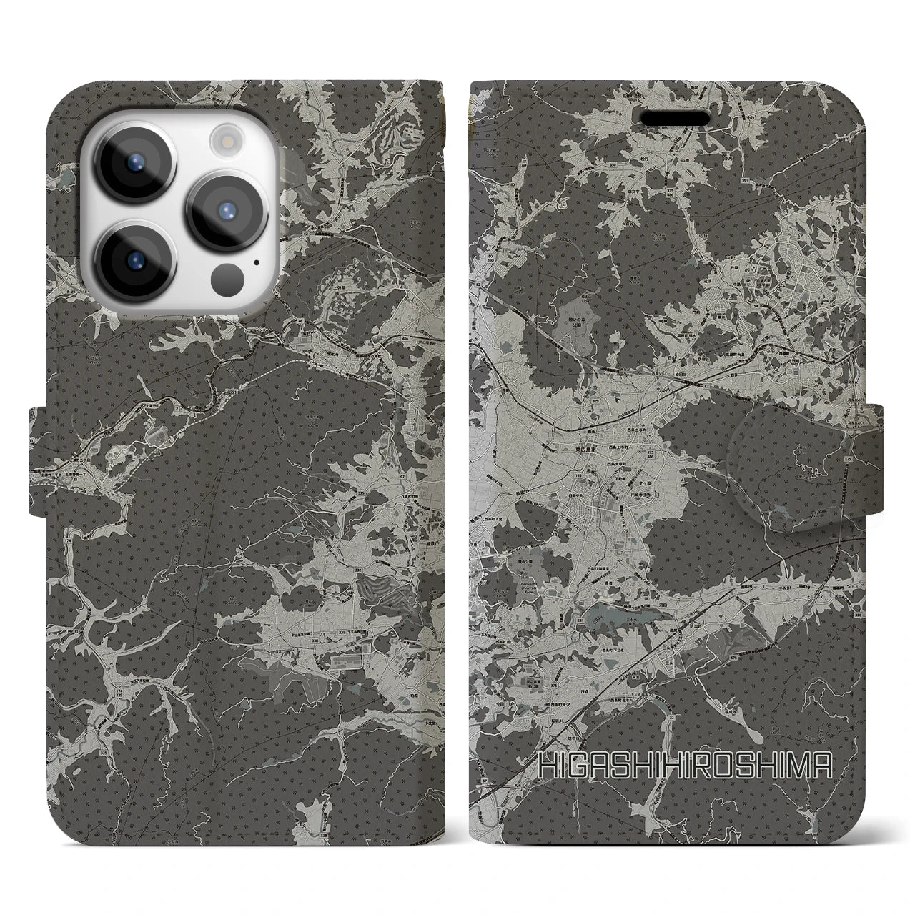 【東広島(広島県)】地図柄iPhoneケース(手帳タイプ)モノトーン・iPhone 14 Pro 用