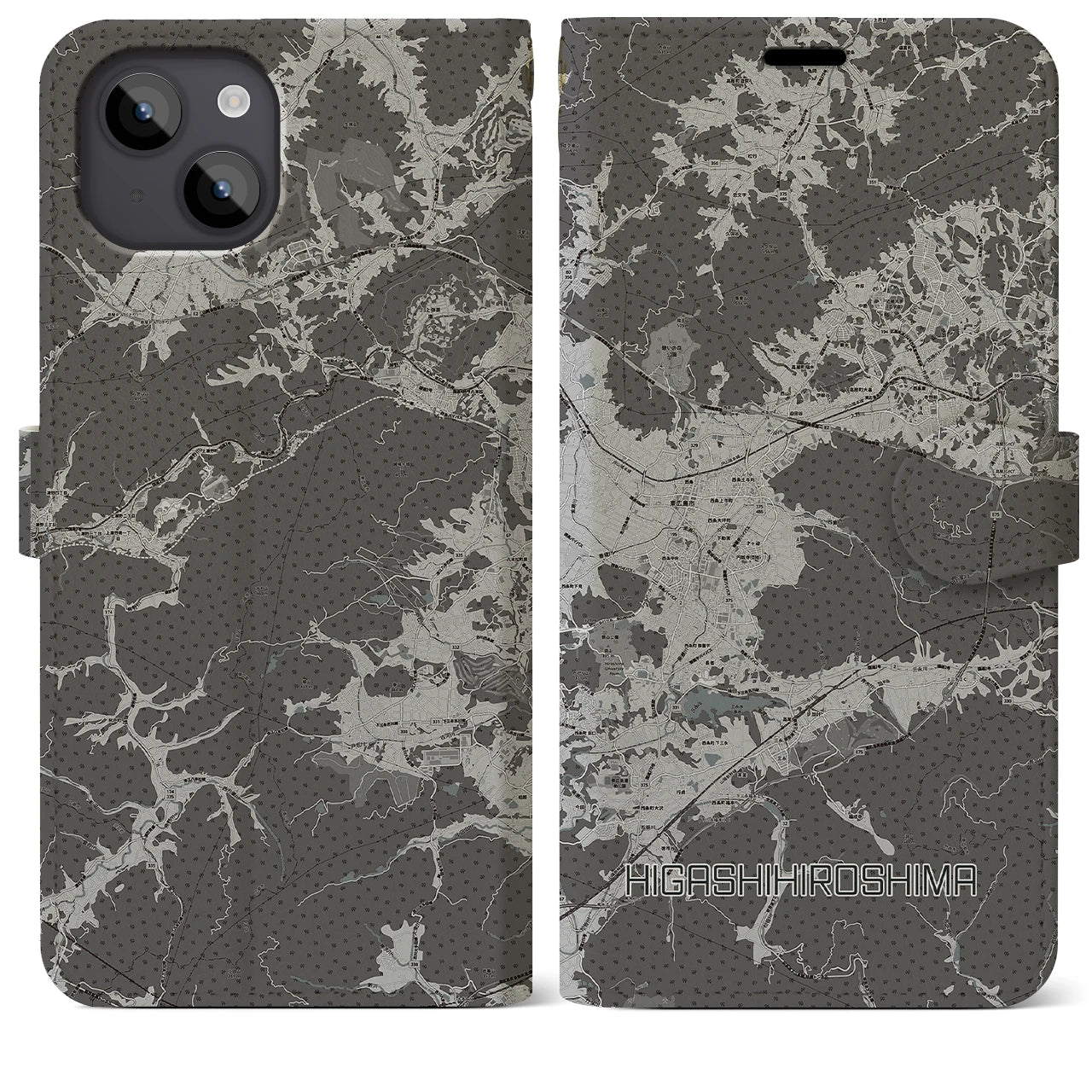 【東広島(広島県)】地図柄iPhoneケース(手帳タイプ)モノトーン・iPhone 14 Plus 用