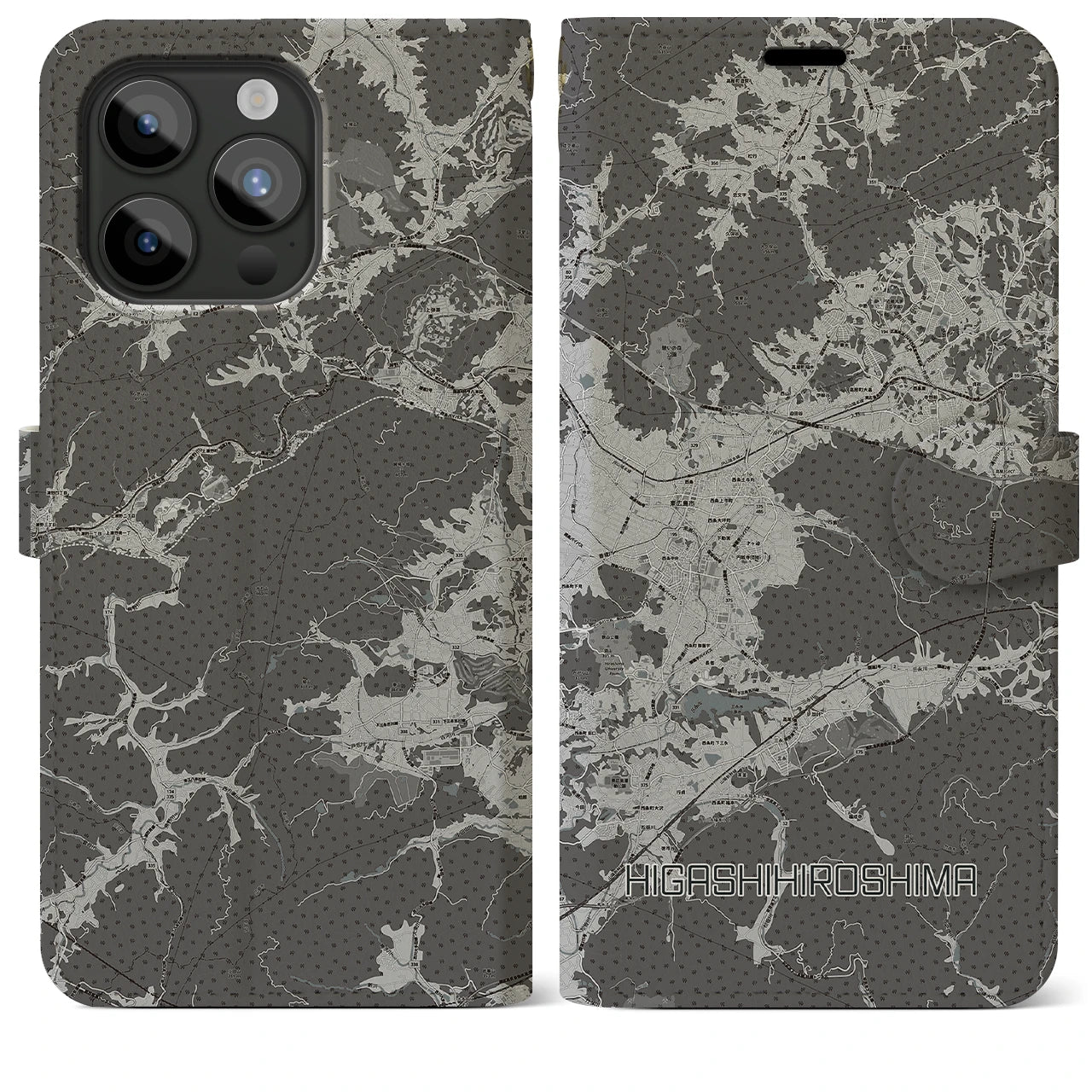 【東広島(広島県)】地図柄iPhoneケース(手帳タイプ)モノトーン・iPhone 15 Pro Max 用