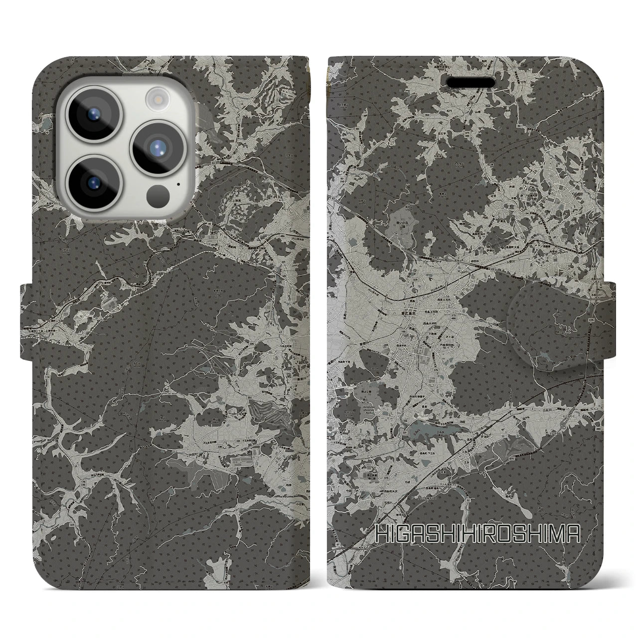 【東広島(広島県)】地図柄iPhoneケース(手帳タイプ)モノトーン・iPhone 15 Pro 用