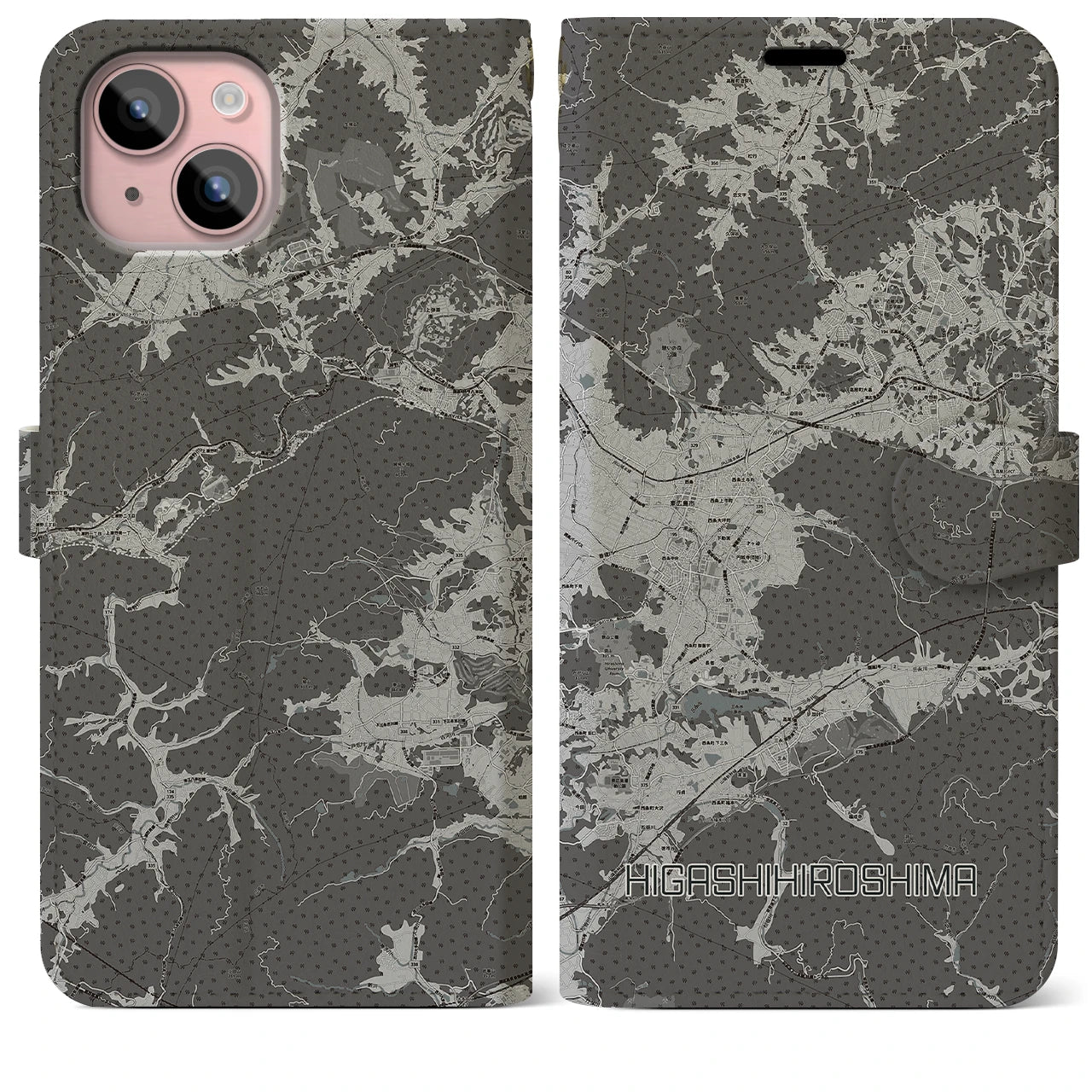 【東広島(広島県)】地図柄iPhoneケース(手帳タイプ)モノトーン・iPhone 15 Plus 用