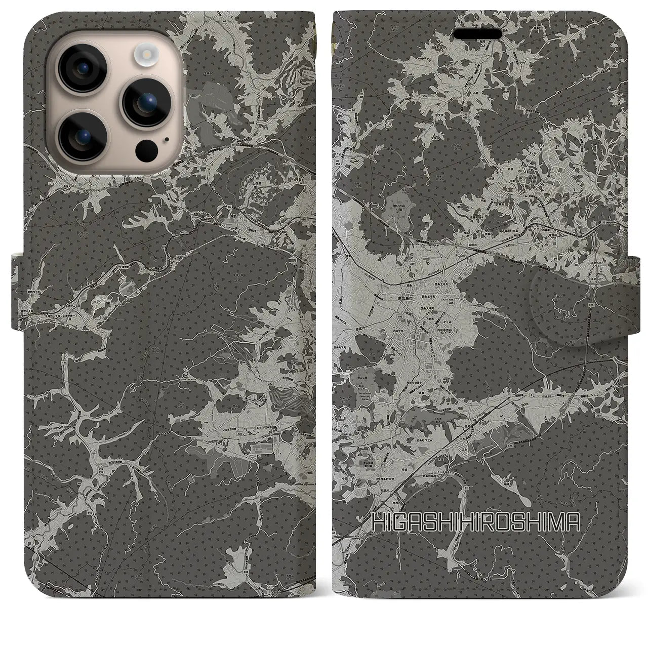 【東広島(広島県)】地図柄iPhoneケース(手帳タイプ)モノトーン・iPhone 16 Plus 用