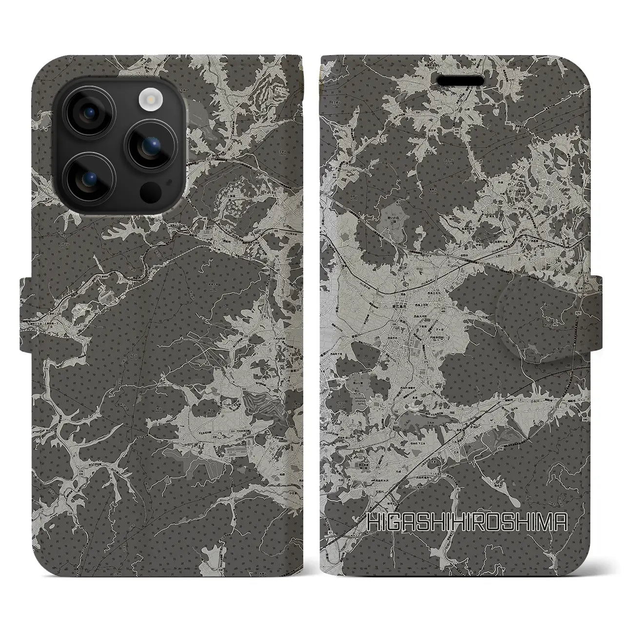 【東広島(広島県)】地図柄iPhoneケース(手帳タイプ)モノトーン・iPhone 16 用