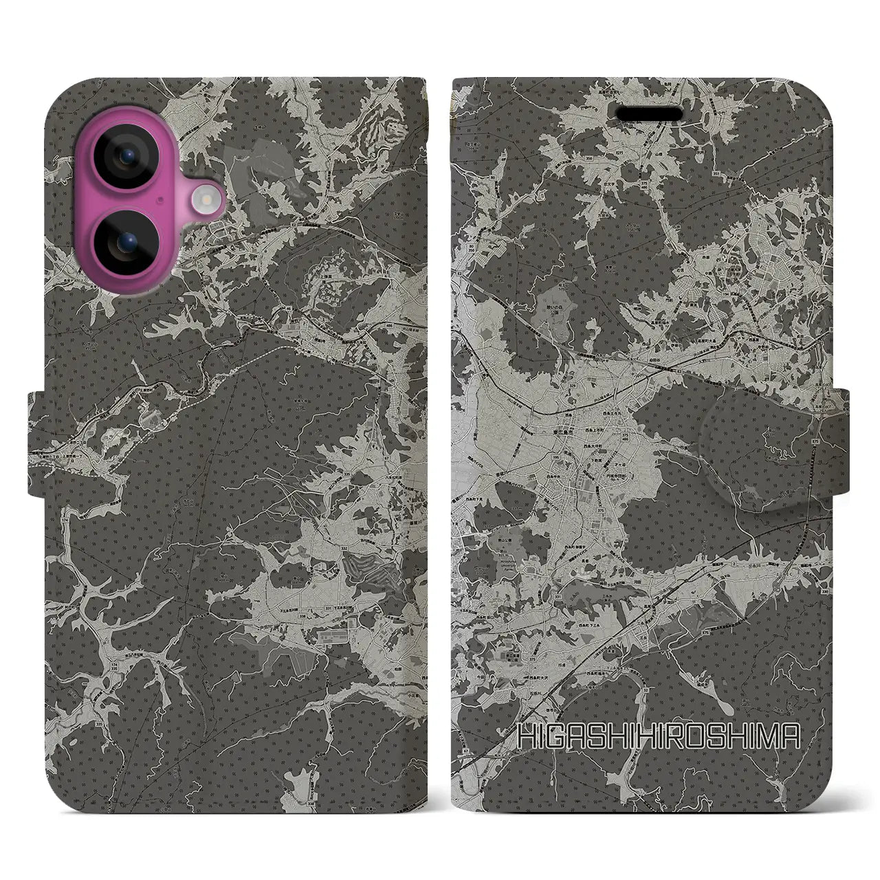 【東広島(広島県)】地図柄iPhoneケース(手帳タイプ)モノトーン・iPhone 16 Pro 用