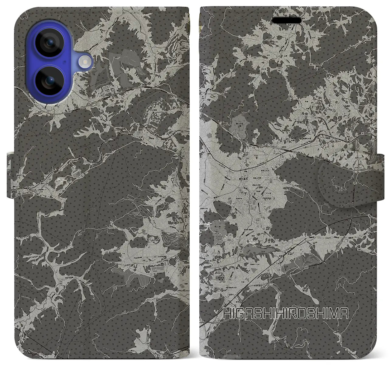 【東広島(広島県)】地図柄iPhoneケース(手帳タイプ)モノトーン・iPhone 16 Pro Max 用