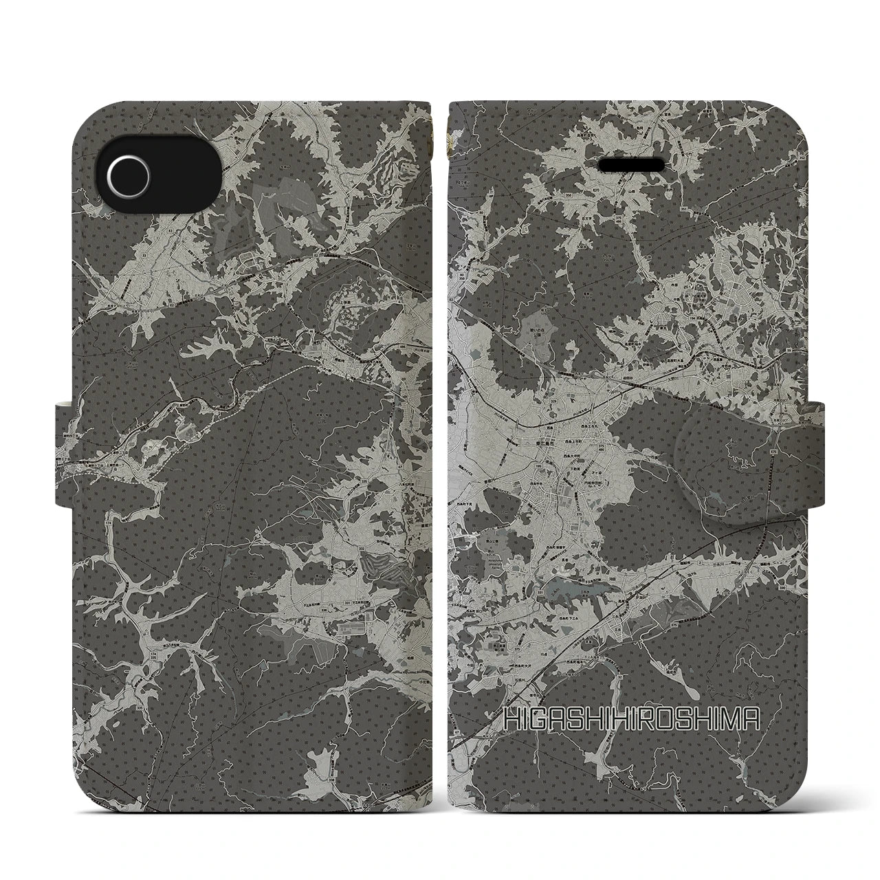 【東広島(広島県)】地図柄iPhoneケース(手帳タイプ)モノトーン・iPhone SE(第3 / 第2世代) / 8 / 7 / 6s / 6 用