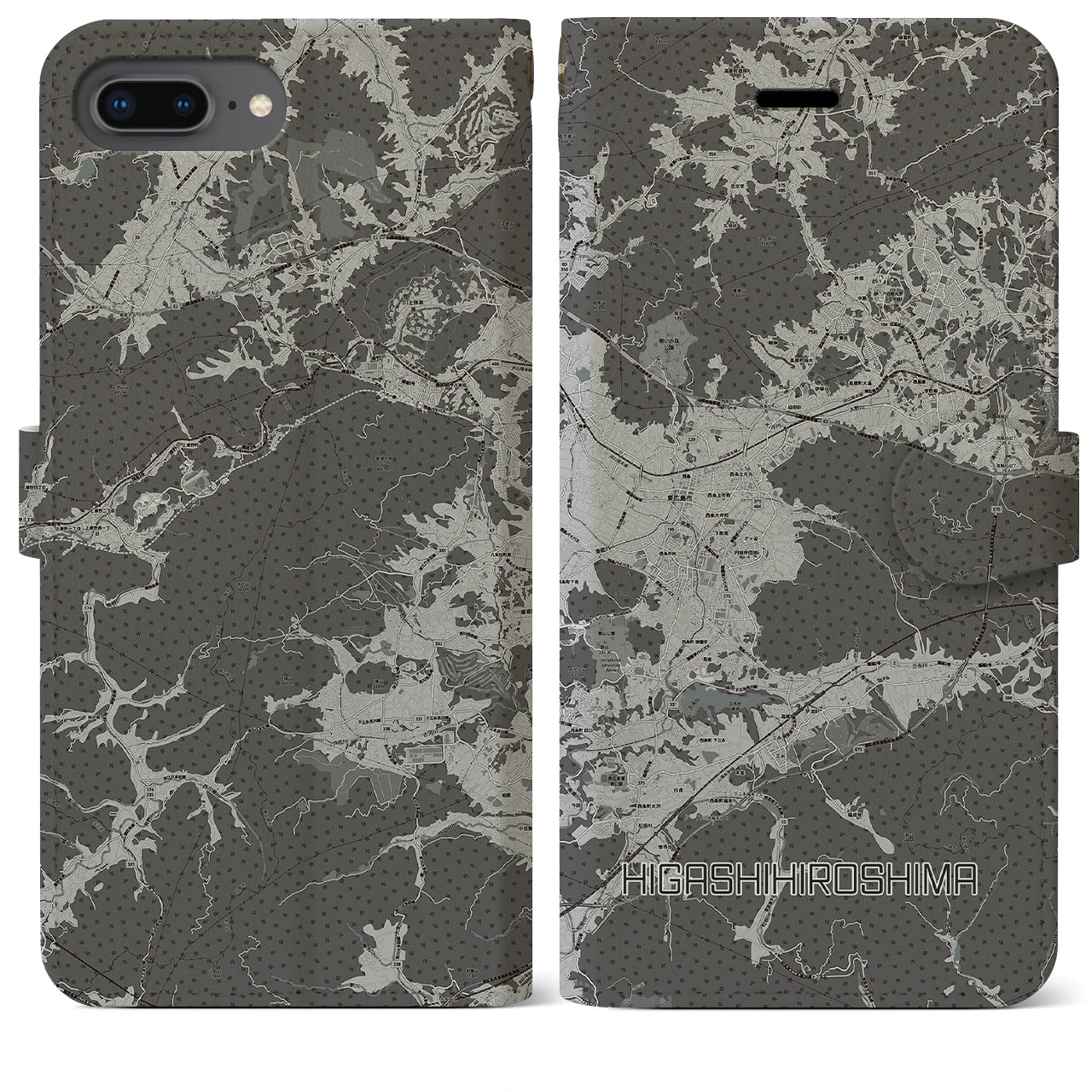 【東広島(広島県)】地図柄iPhoneケース(手帳タイプ)モノトーン・iPhone 8Plus /7Plus / 6sPlus / 6Plus 用