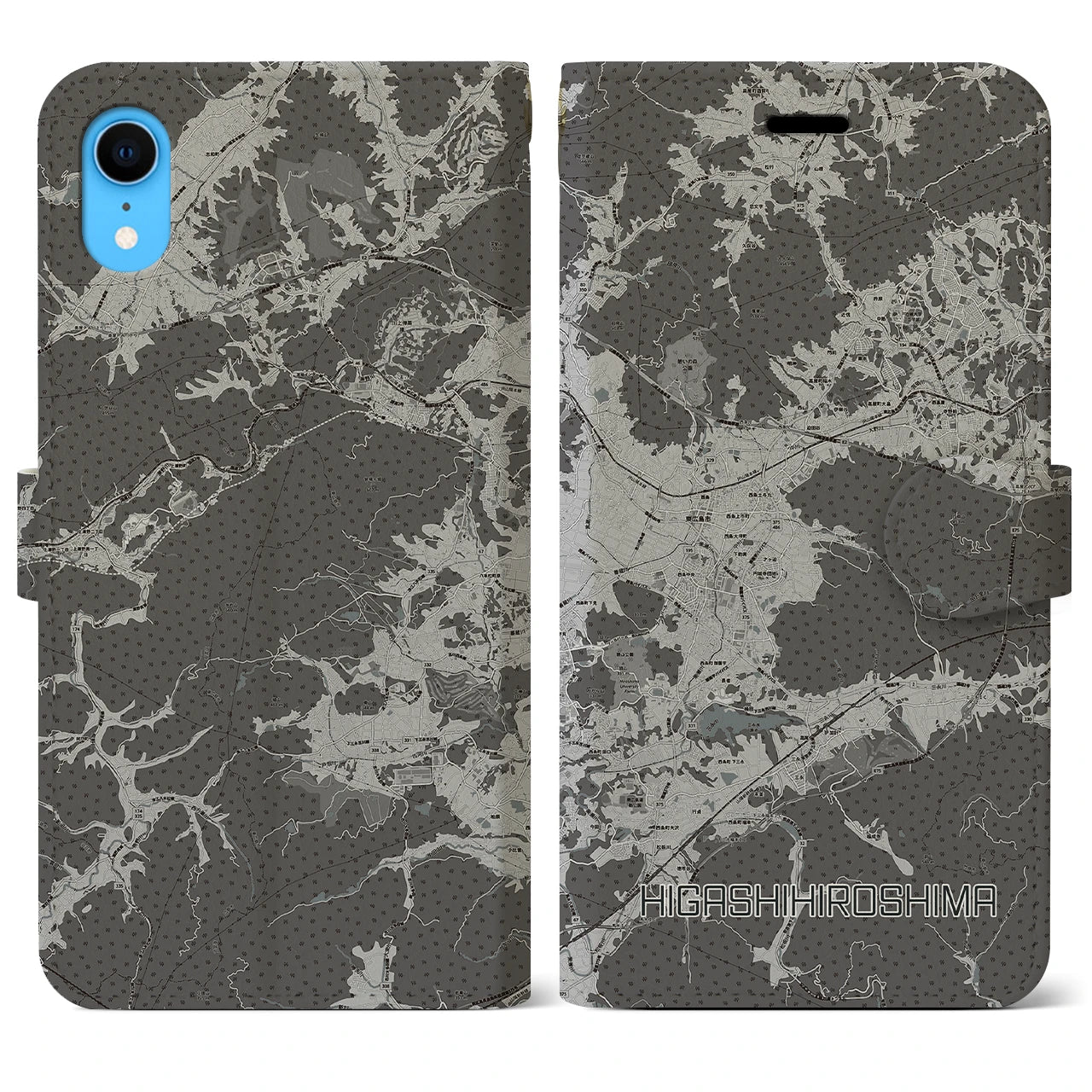【東広島(広島県)】地図柄iPhoneケース(手帳タイプ)モノトーン・iPhone XR 用