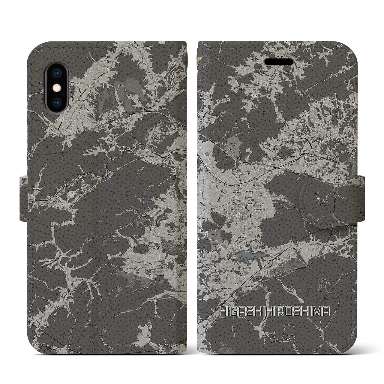 【東広島(広島県)】地図柄iPhoneケース(手帳タイプ)モノトーン・iPhone XS / X 用