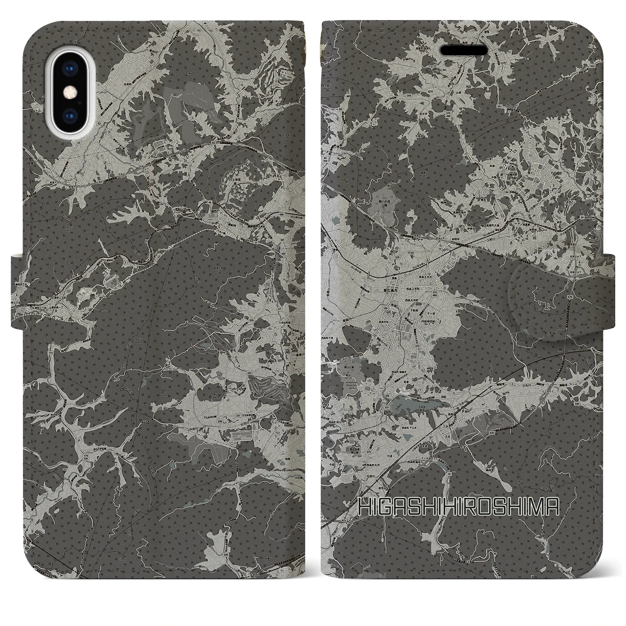 【東広島(広島県)】地図柄iPhoneケース(手帳タイプ)モノトーン・iPhone XS Max 用