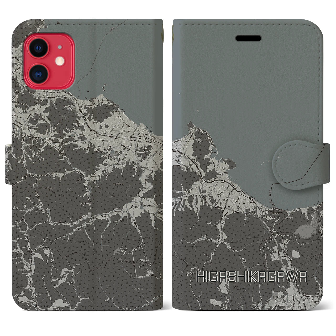 【東かがわ(香川県)】地図柄iPhoneケース(手帳タイプ)モノトーン・iPhone 11 用