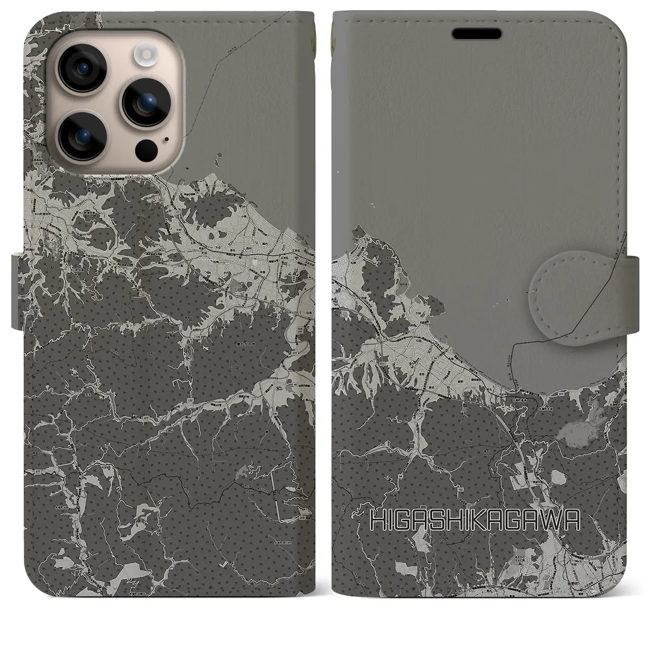 【東かがわ(香川県)】地図柄iPhoneケース(手帳タイプ)モノトーン・iPhone 16 Plus 用