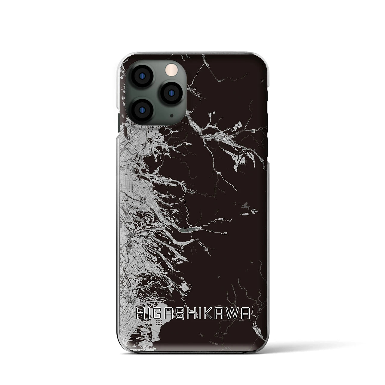 【東川(北海道)】地図柄iPhoneケース(クリアタイプ)モノトーン・iPhone 11 Pro 用