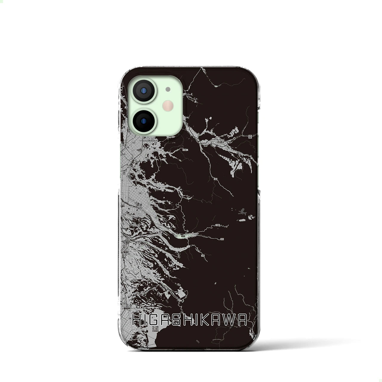 【東川(北海道)】地図柄iPhoneケース(クリアタイプ)モノトーン・iPhone 12 mini 用
