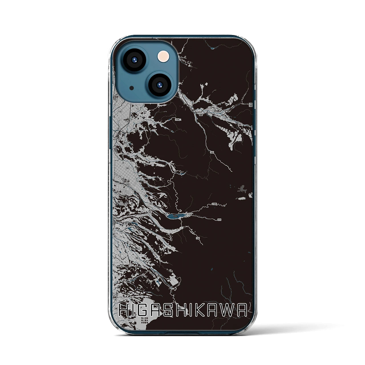 【東川(北海道)】地図柄iPhoneケース(クリアタイプ)モノトーン・iPhone 13 用