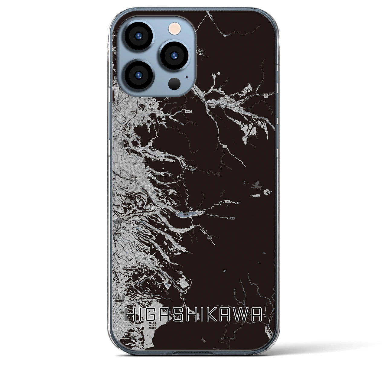【東川(北海道)】地図柄iPhoneケース(クリアタイプ)モノトーン・iPhone 13 Pro Max 用