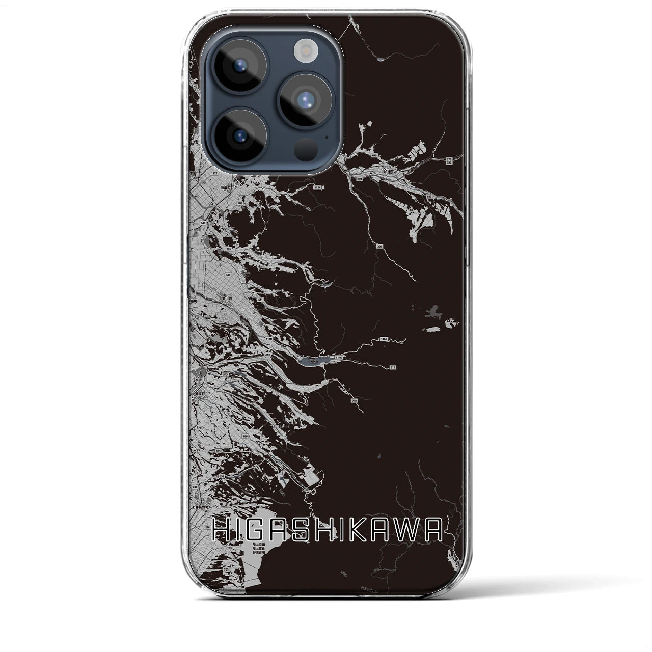 【東川(北海道)】地図柄iPhoneケース(クリアタイプ)モノトーン・iPhone 15 Pro Max 用