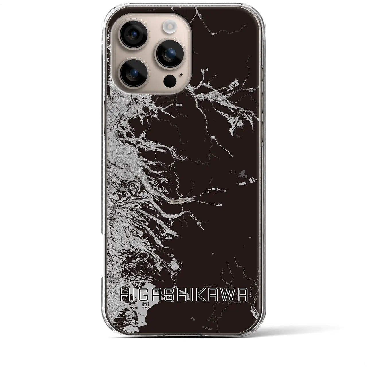 【東川(北海道)】地図柄iPhoneケース(クリアタイプ)モノトーン・iPhone 16 Plus 用