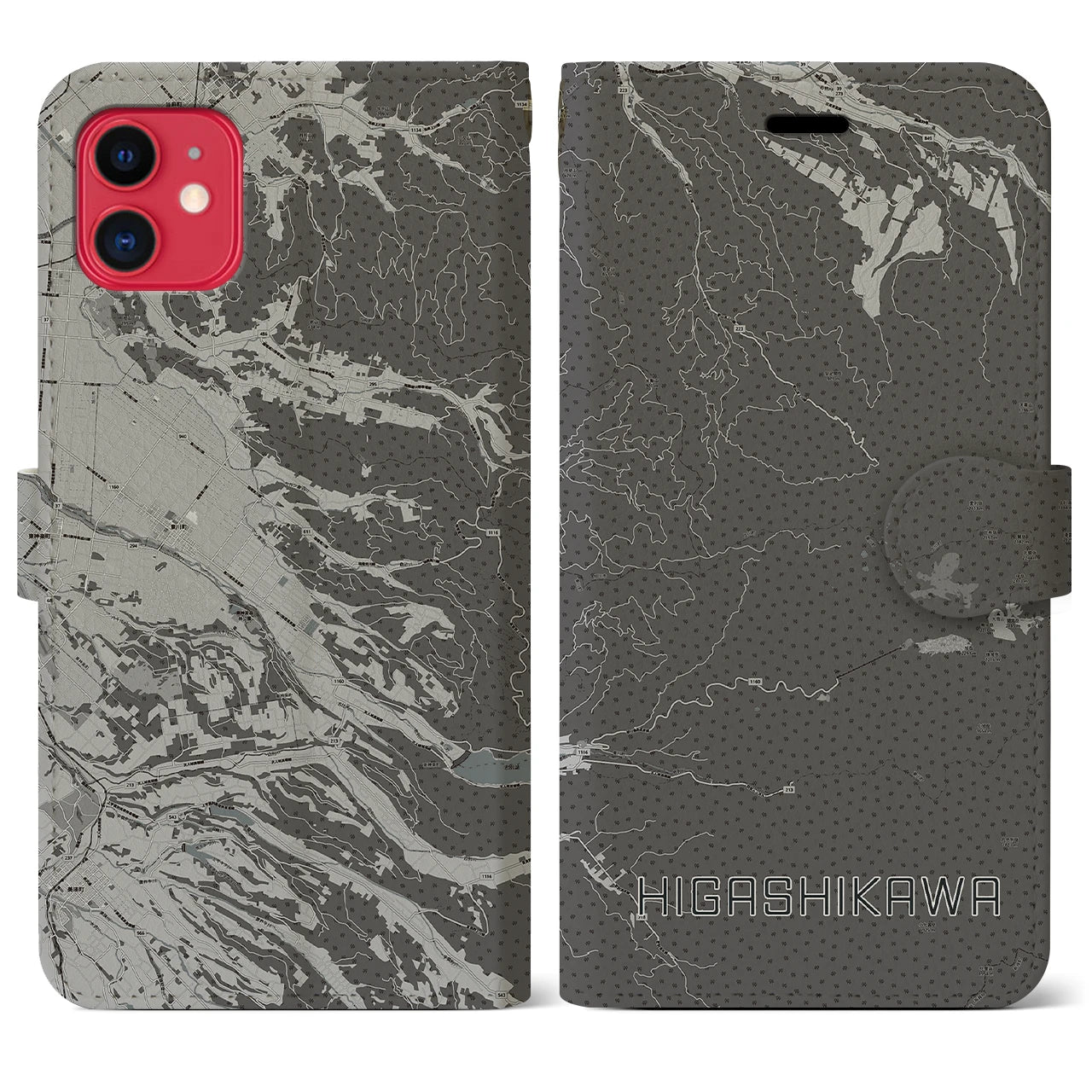 【東川(北海道)】地図柄iPhoneケース(手帳タイプ)モノトーン・iPhone 11 用